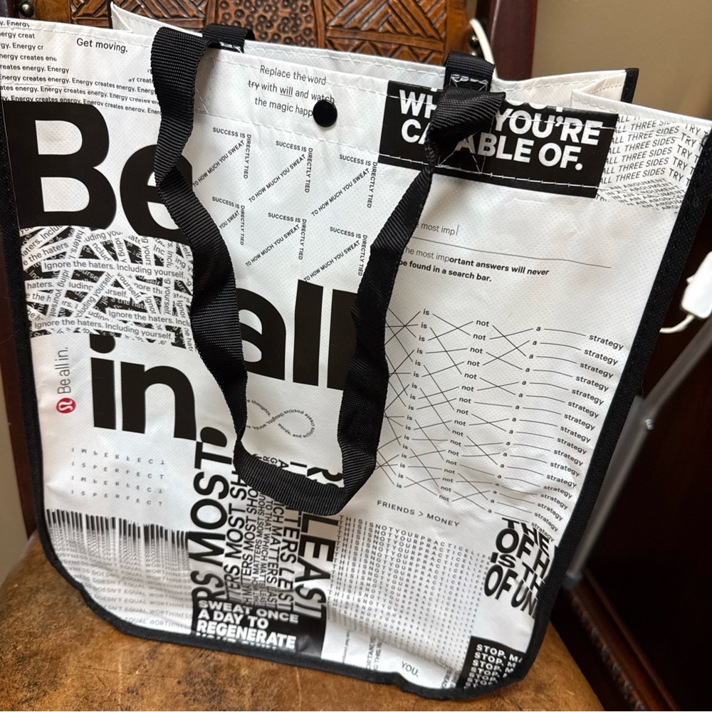 Lululemon Reusable Big Shopping Tote Bag White Black 14x16x6” Snap Closure